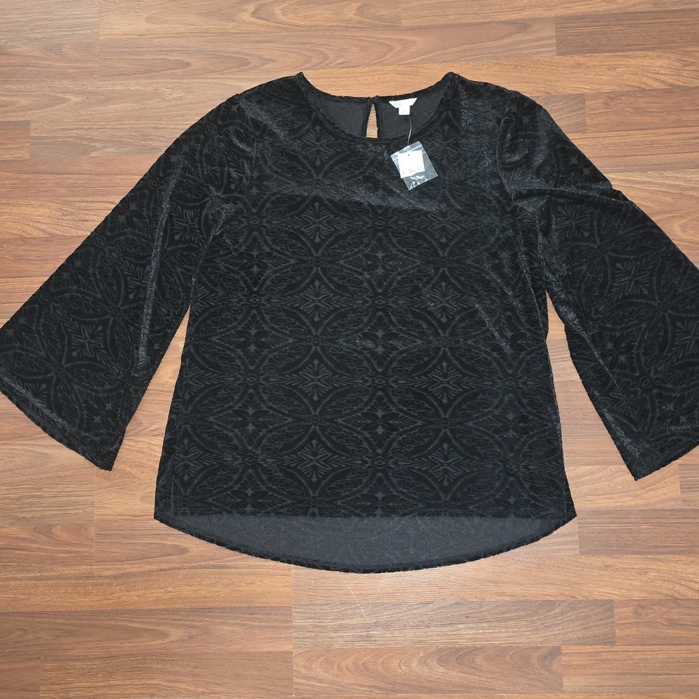Velvet Burnout‎ Tunic Top Black Flare Sleeve Semi Sheer Womens 14/16 Whimsigoth